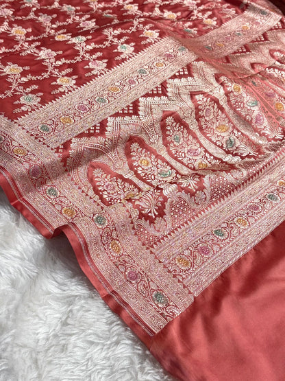 Peach Shades Banarasi Minakari Floral Jaal Mashru Silk Saree MS28