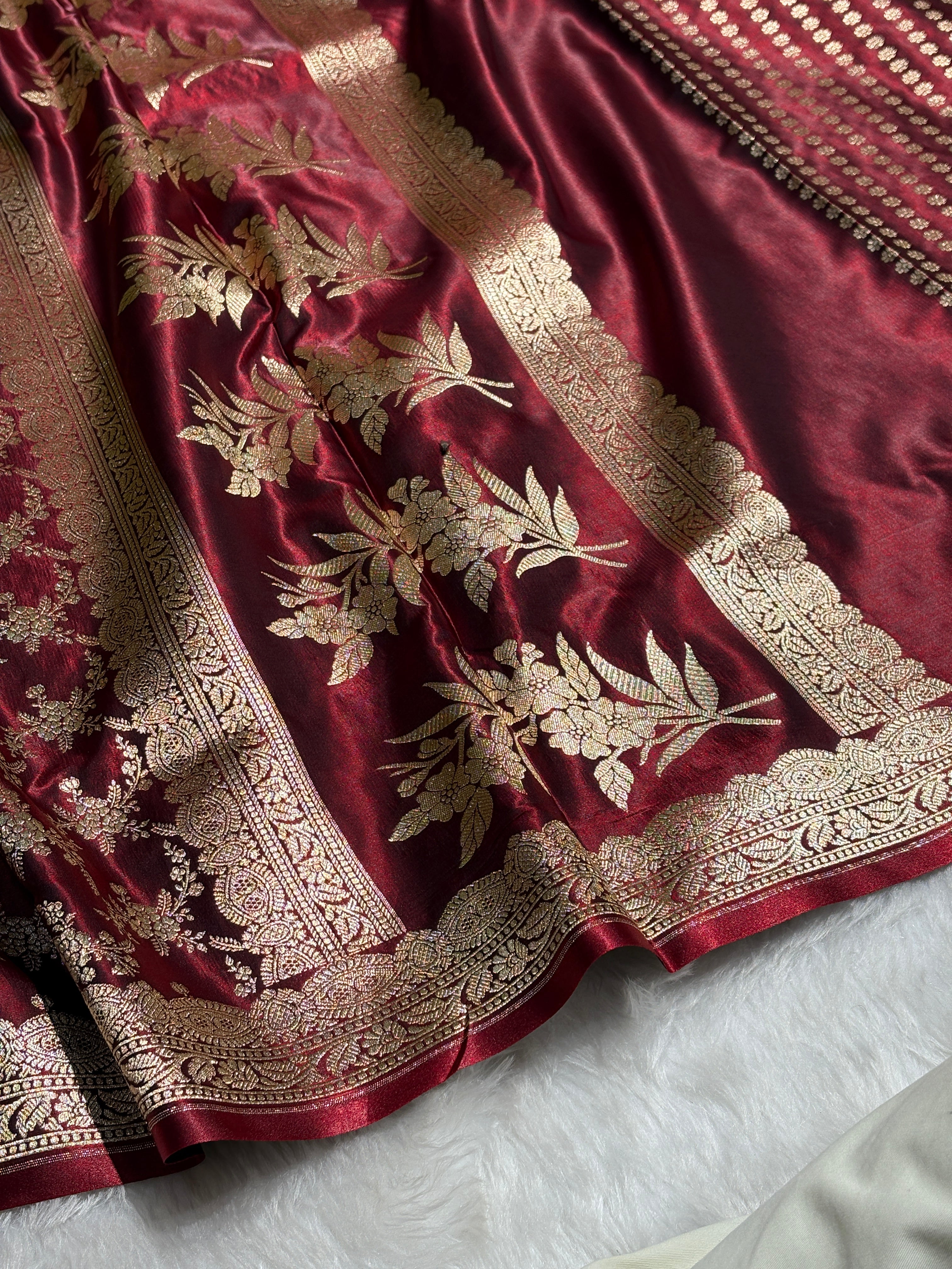 Light Wight Satin Silk Jaal in Garnet Shades with brocade Blouse SS16