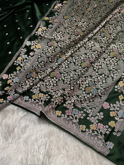 Bottle Green Shades Minakari Floral Border Booti Mashru Silk Saree MCS75