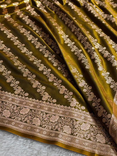 Banarasi Mahndi Shades Cross Pattern Banarasi Satin Silk Saree SS51