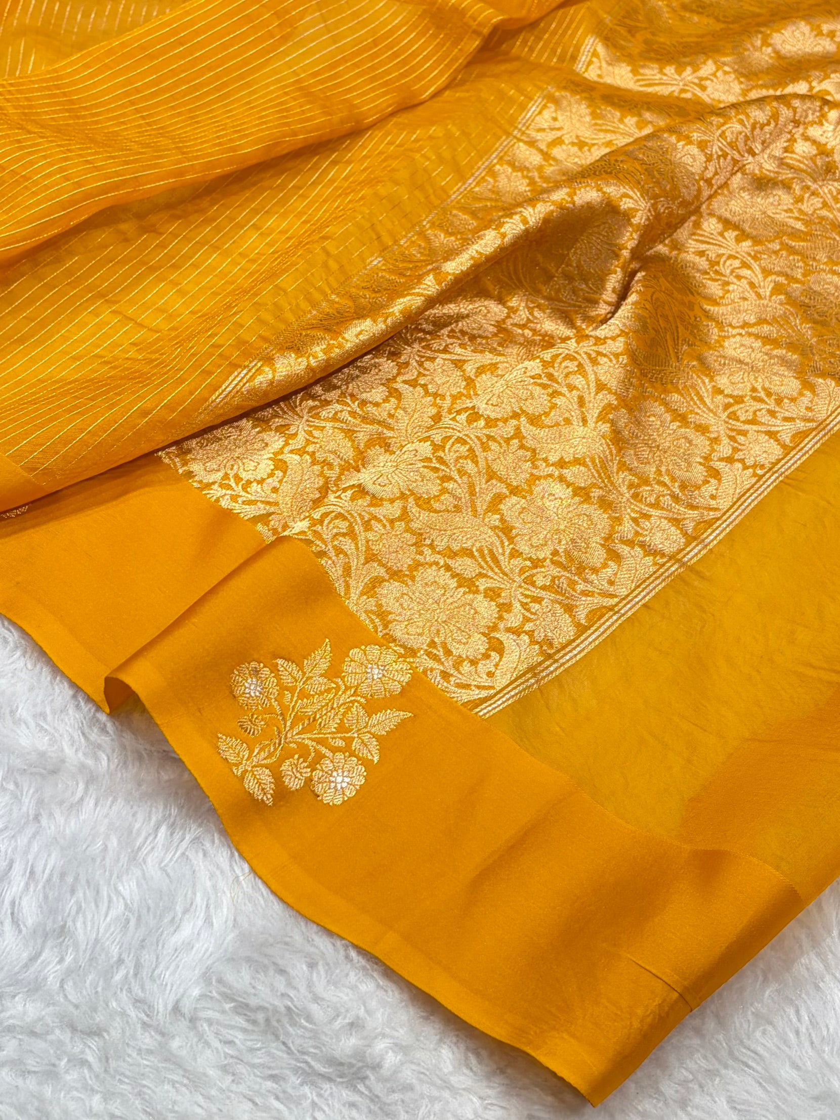 Pure Banarasi Organza Mustard Shades With Satin Border Floral Banarasi Silk Saree PO-22