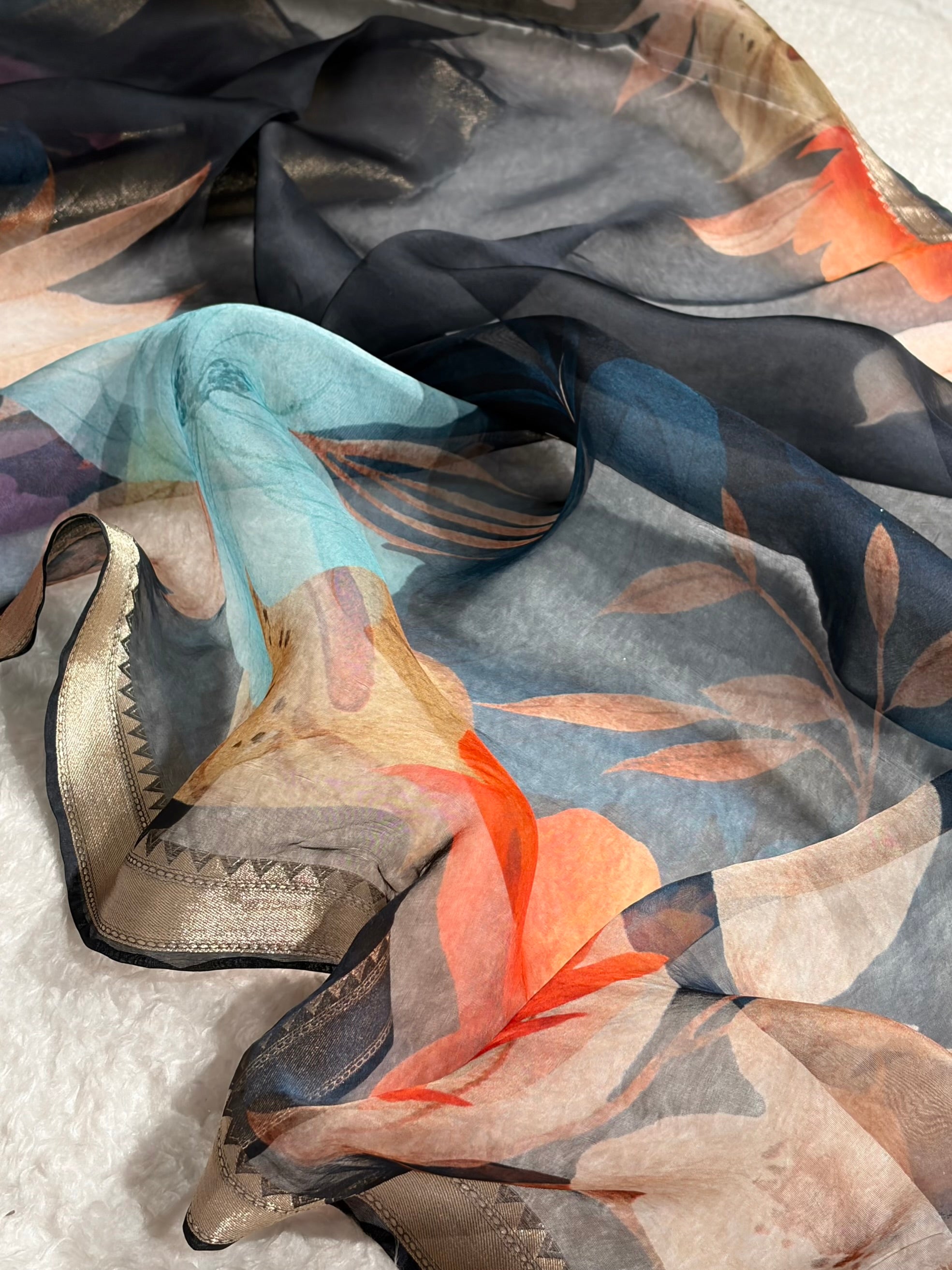 Organza with Pastel Multicolor Florals & Gold Zari Border POP14