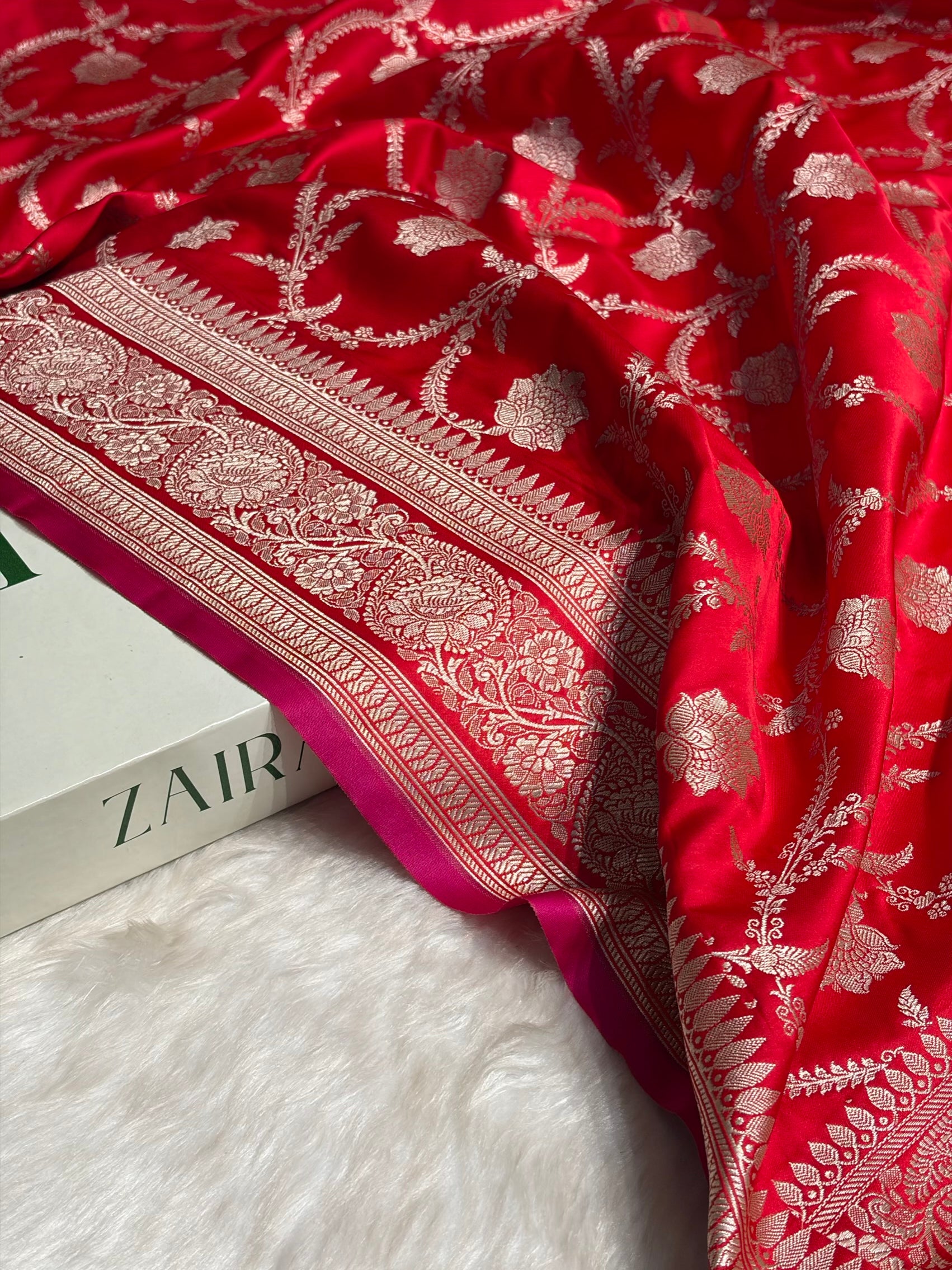 Red Jaal Pattern Satin Katan Silk Saree SK66