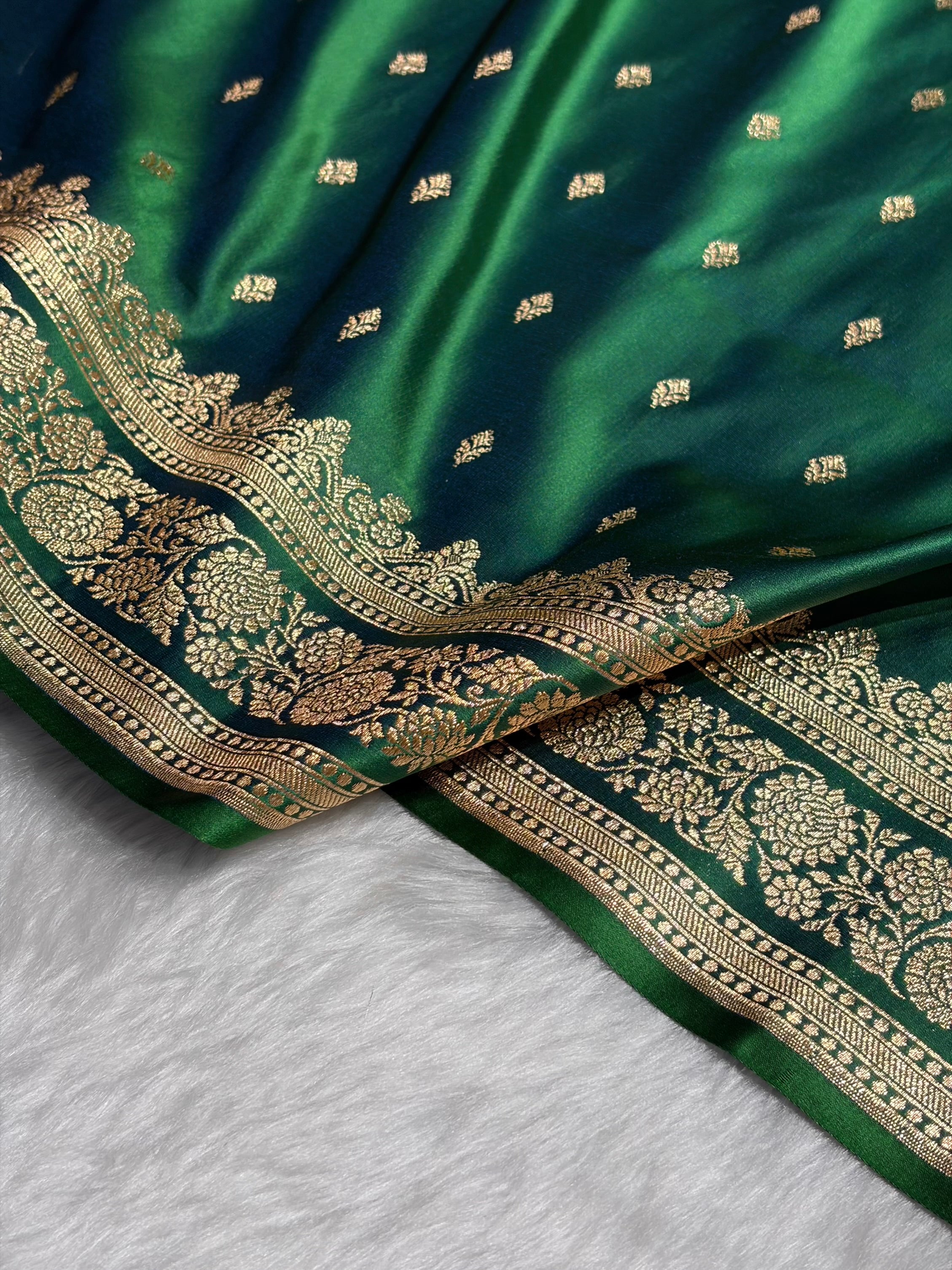 Cross Green Shades Booti Pattern Satin Katan Silk Saree SK51