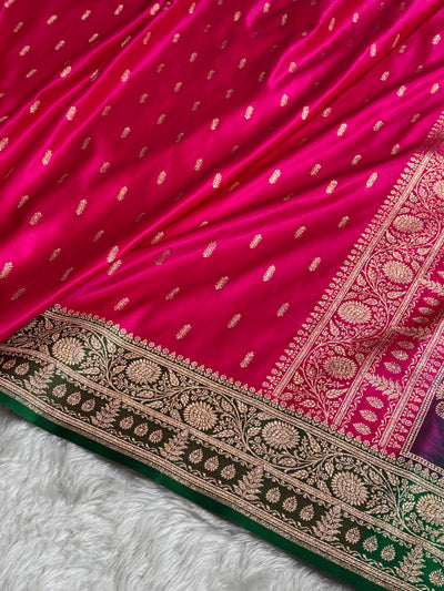 Contrast Rani / Green Floral Booti Banarasi Satin Katan Silk Saree SK14