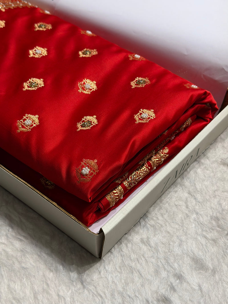 Bridal Banarasi Red Work Pattern Satin Katan Silk Saree BSK137