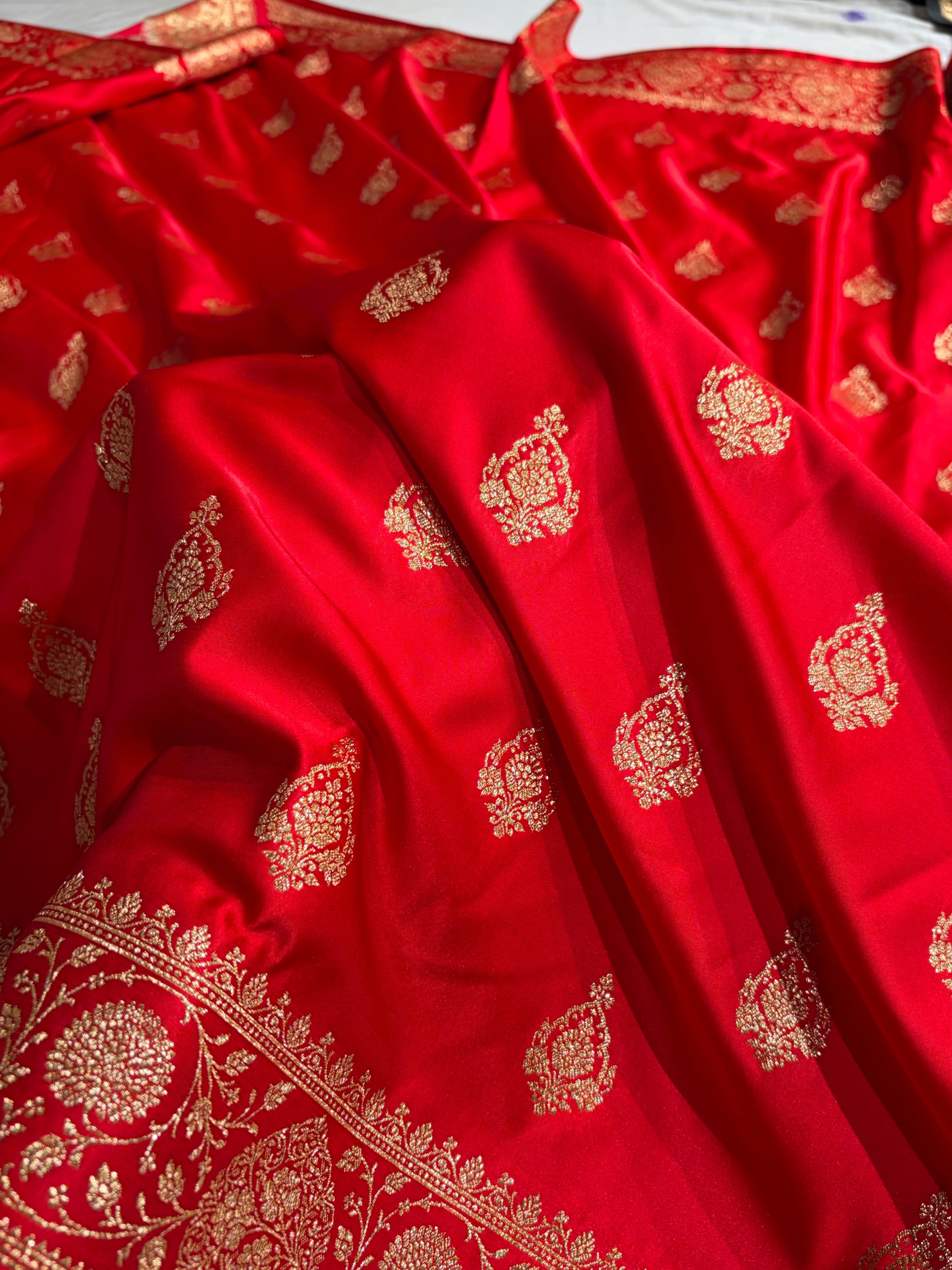 Banarasi Satin Katan Saree With Boota in Red Shades SK98