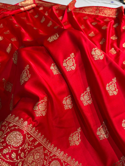 Banarasi Satin Katan Saree With Boota in Red Shades SK98