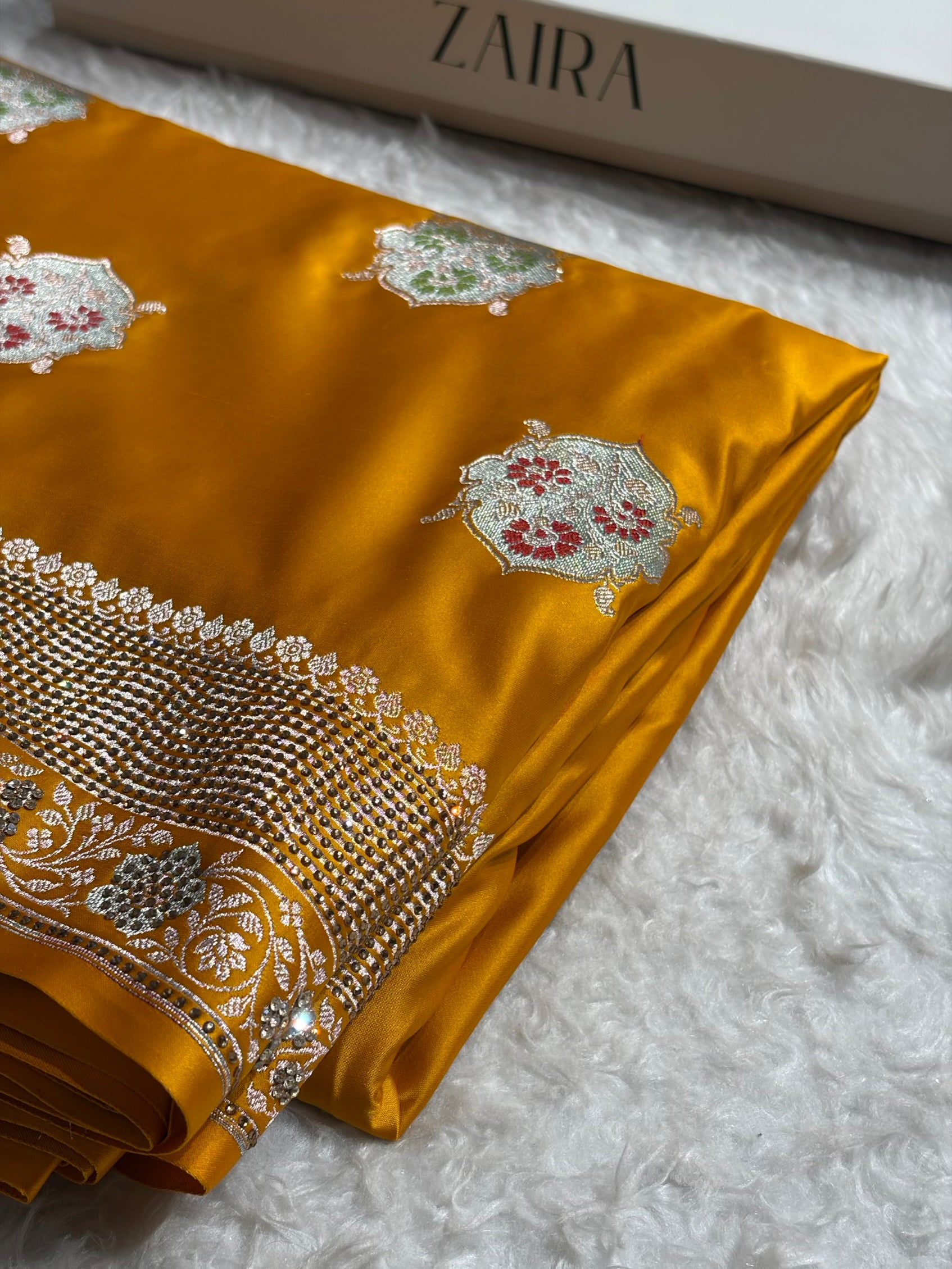 Premium Banarasi Satin Katan Saree Swarovski Work Minakari Booti Pattern in Mustard Shades BSK04