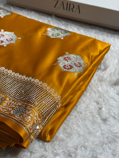 Premium Banarasi Satin Katan Saree Swarovski Work Minakari Booti Pattern in Mustard Shades BSK04