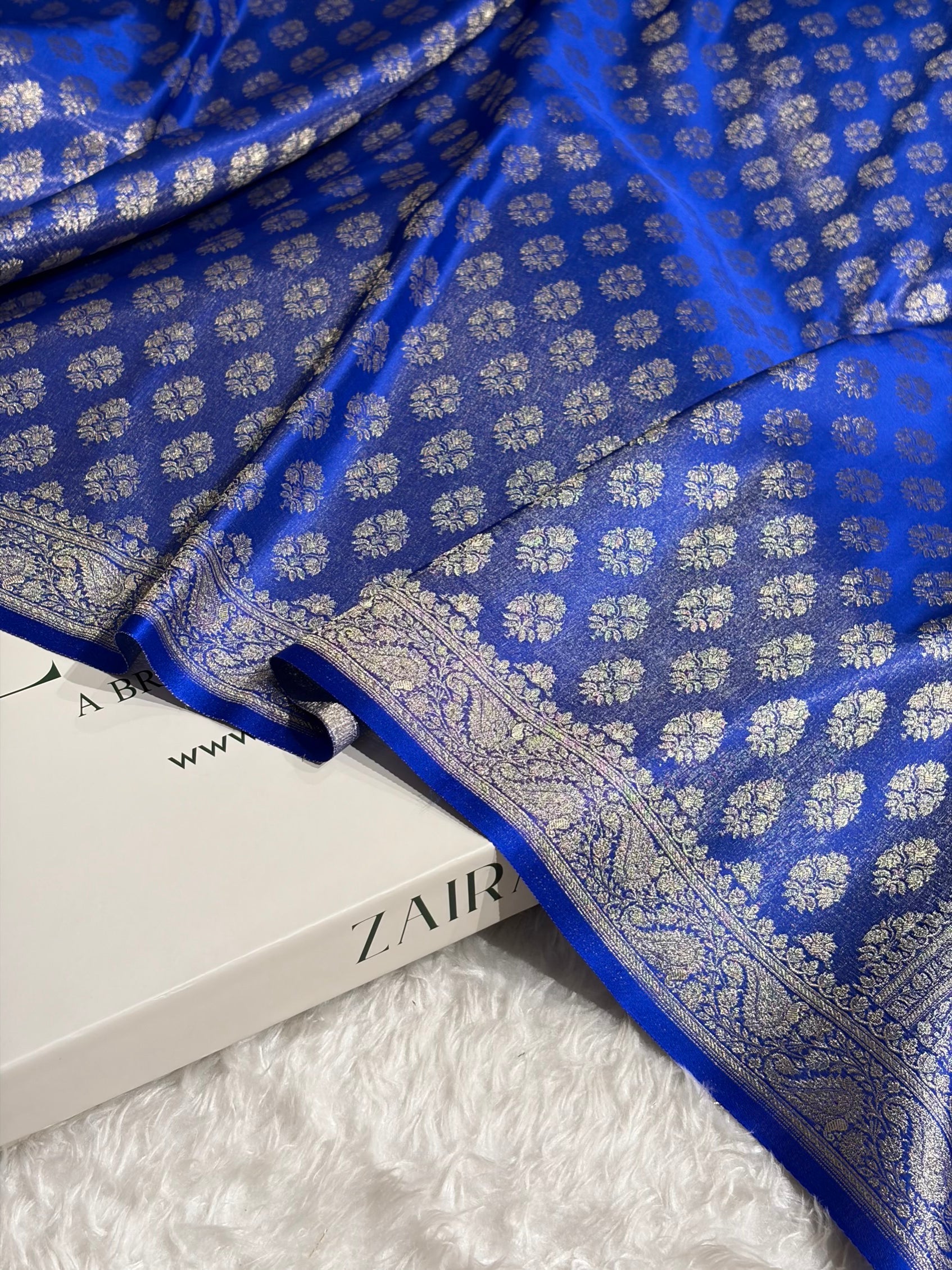 Banarasi Cross Royal Blue Shades Satin Tissue Silk Saree In Booti motif ST01