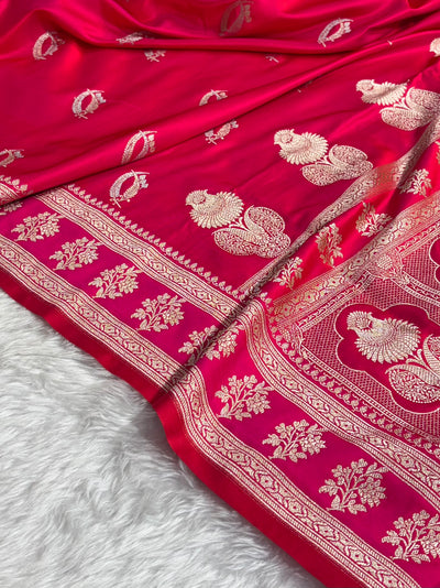 Orangish Rani Shades Banarasi Boota Pattern Floral Mashru Silk Saree MSM-112