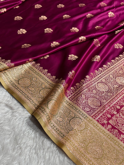 Wine - Cream Banarasi Boota Katan Silk Saree SKM29