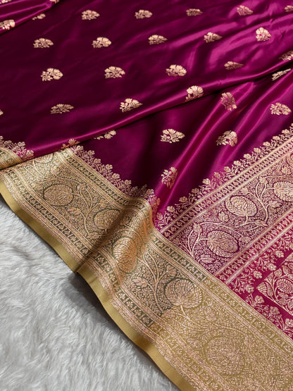 Wine - Cream Banarasi Boota Katan Silk Saree SKM29