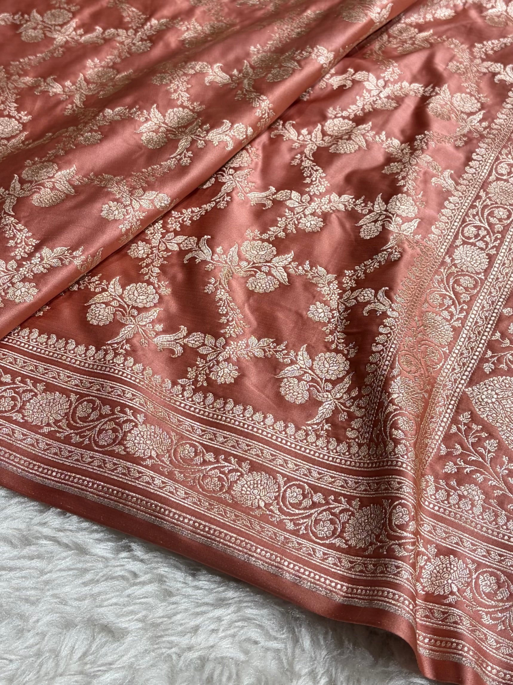 Peach Shades Banarasi With Floral Jaal Pattern Mashru Silk Saree MSM-130