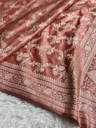 Peach Shades Banarasi With Floral Jaal Pattern Mashru Silk Saree MSM-130