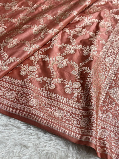 Peach Shades Banarasi With Floral Jaal Pattern Mashru Silk Saree MSM-130