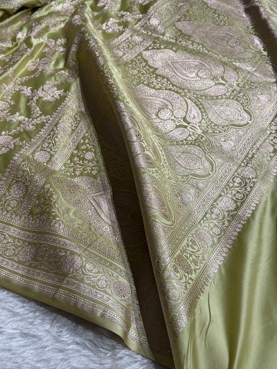 Pista Banarasi With Floral Jaal Pattern Mashru Silk Saree MSM-130