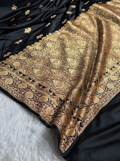 Banarasi Black Shades Floral Booti Motif Satin Katan Silk saree SK61