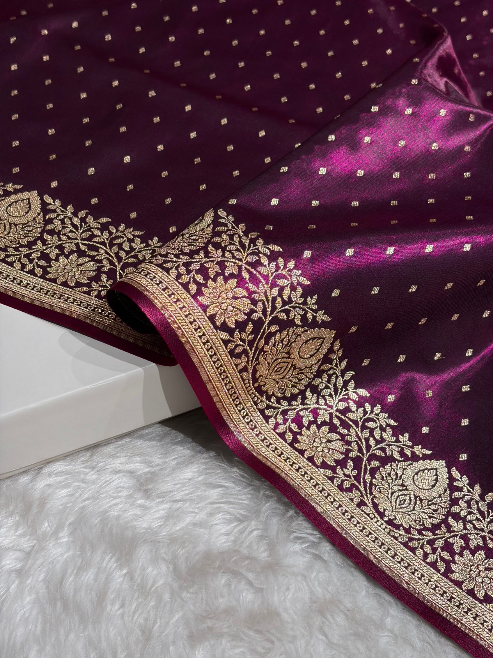 Satin Silk Saree Floral Boota in Wine Shades SS28
