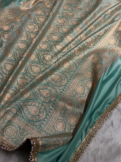 Sea Green Cross With Gotta Patti Satin Katan Silk Saree SKGP17
