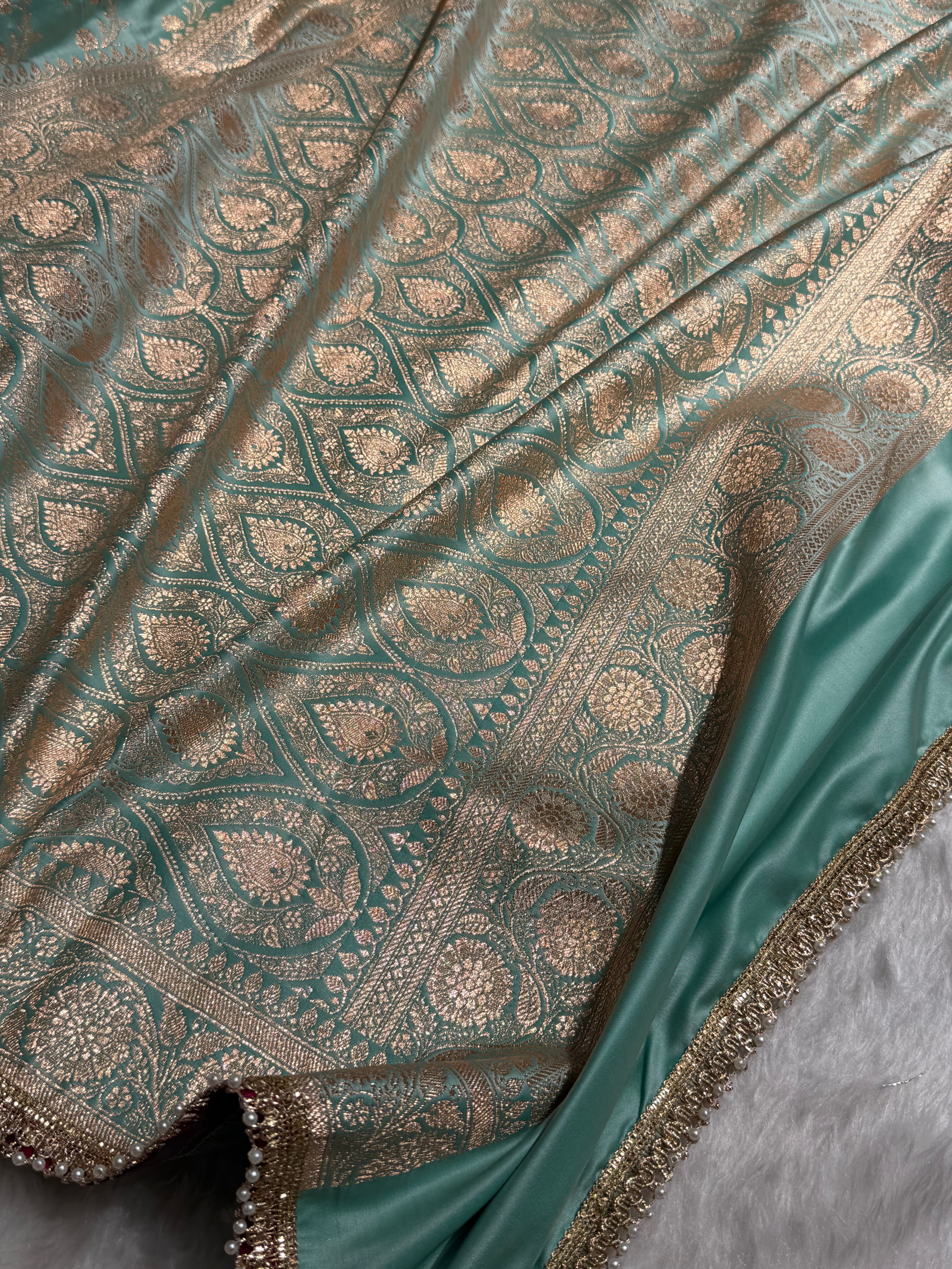 Sea Green Cross With Gotta Patti Satin Katan Silk Saree SKGP17