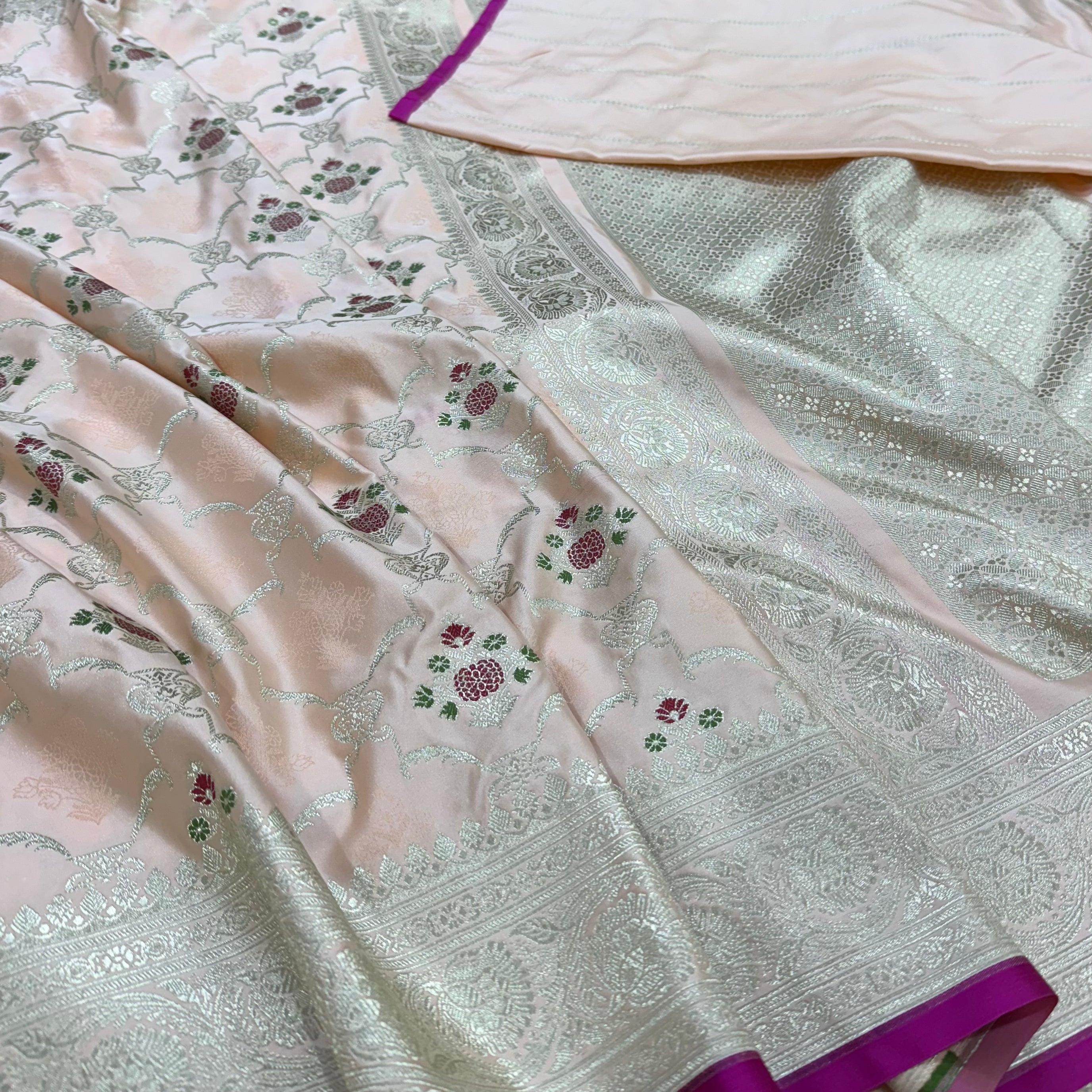 Blush Peach Tanchoi Mashru Silk with Minakari Boota