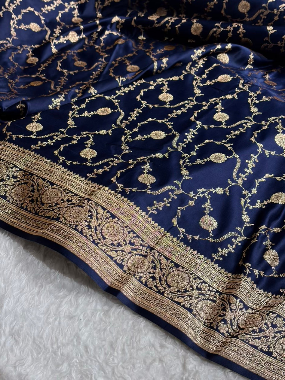 Banarasi Satin Katan Saree in Jaal Pattern Navy Blue Shades SK86