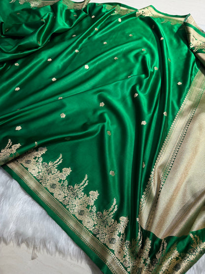 Banarasi Satin Katan Saree Booti Minakari Pattern in Bottle Green Shades SK136