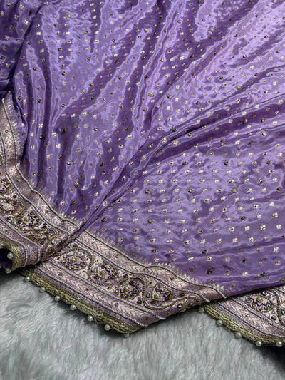 Lavender Shades Border Crepe Silky Katan With Ari Zardozi & Gotta Patti Work  Banarasi Saree BCSKGP-04