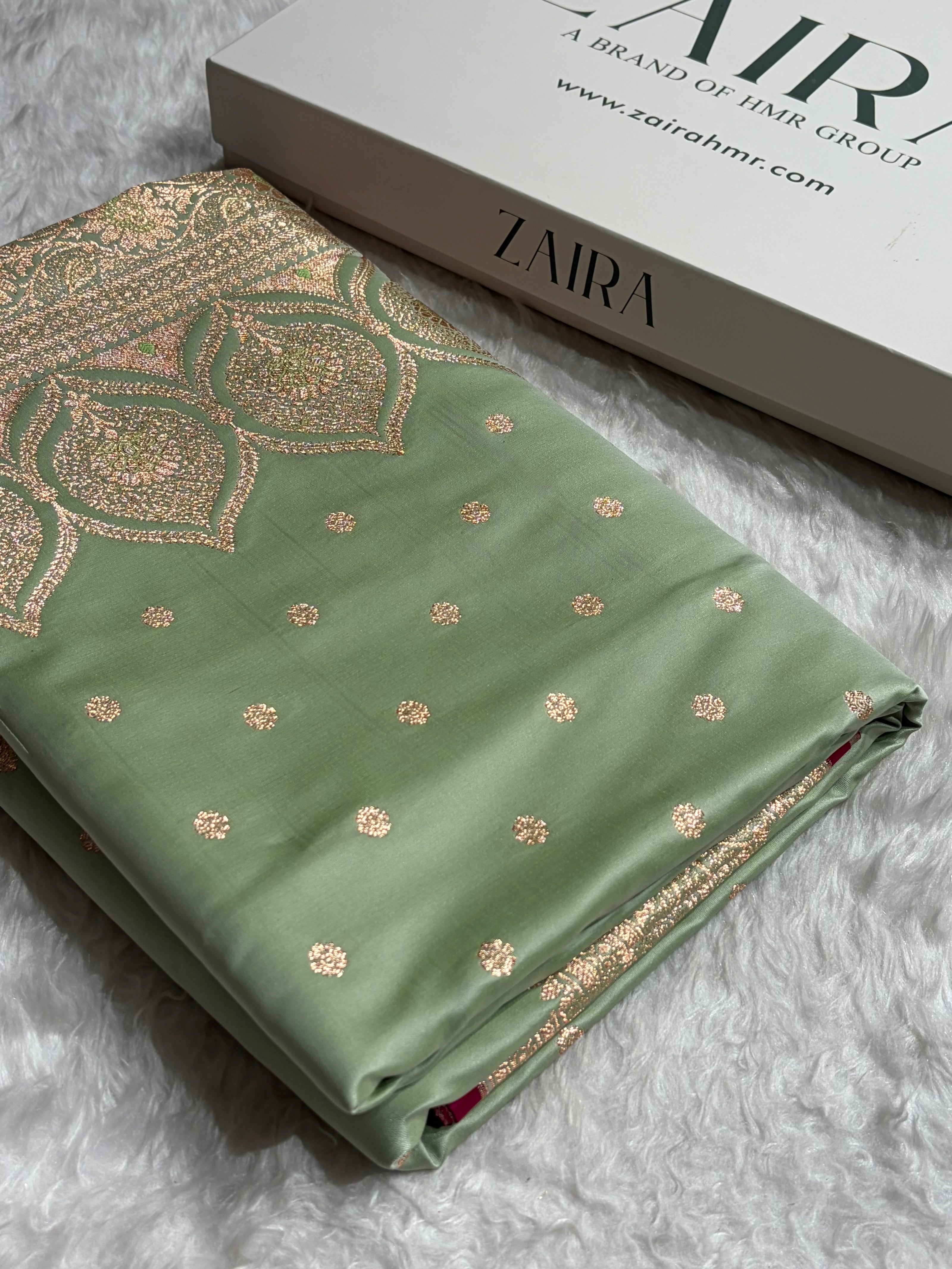 Banarasi Light Pista Booti Satin katan Silk Saree SK11