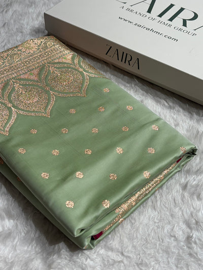 Banarasi Light Pista Booti Satin katan Silk Saree SK11