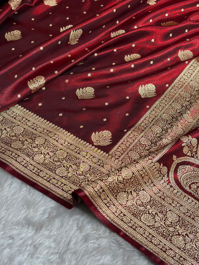 Banarasi Maroon Shades Booti Pattern Banarasi Satin Silk Saree SS59