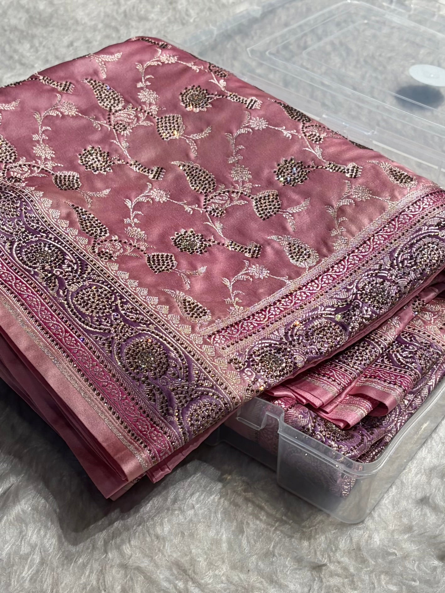 Baby Pink Shades In Banarasi Swarovski Work Jaal Mashru Silk Saree BMS42