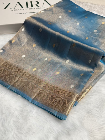 Pastel Blue Bananasi Floral Shades Pure Tissue Silk Saree PT-34