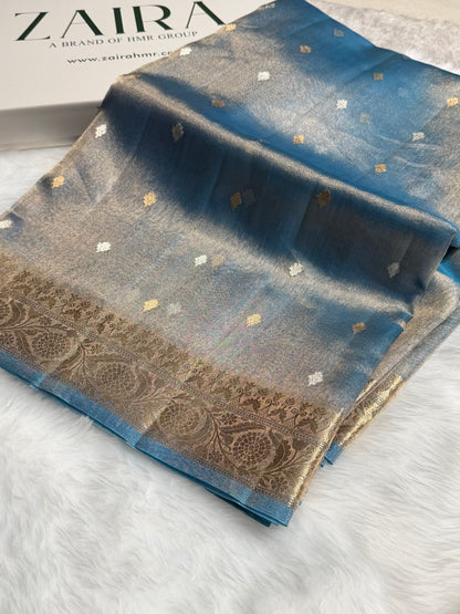 Pastel Blue Bananasi Floral Shades Pure Tissue Silk Saree PT-34