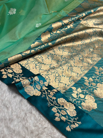 Contrast Pure Banarasi Organza Sea Green With Rama Floral Banarasi Silk Saree PO-13