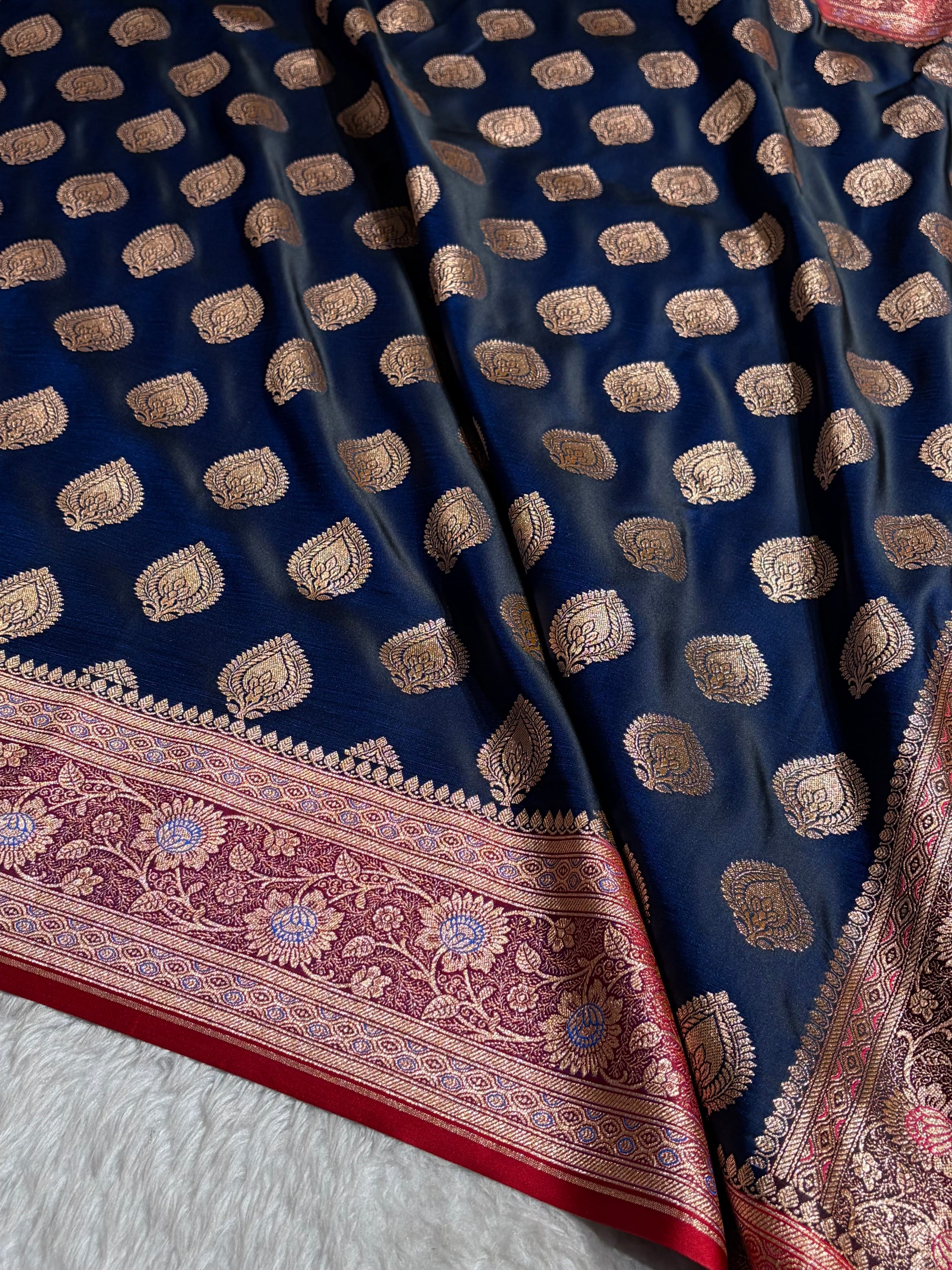 Peacock Shade With Booti Pattern Satin Katan Silk Saree