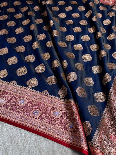 Peacock Shade With Booti Pattern Satin Katan Silk Saree