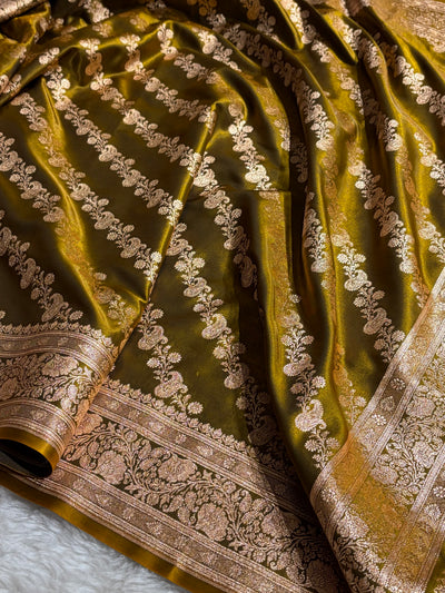 Banarasi Mahndi Shades Cross Pattern Banarasi Satin Silk Saree SS51