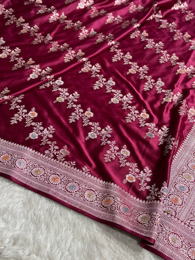 Wine Minakari Banarasi Cross Mashru Silk Saree MS01