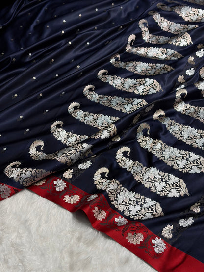 Navy Blue With Red Floral Boota With Floral Border Mashru Silk Saree MSM 78