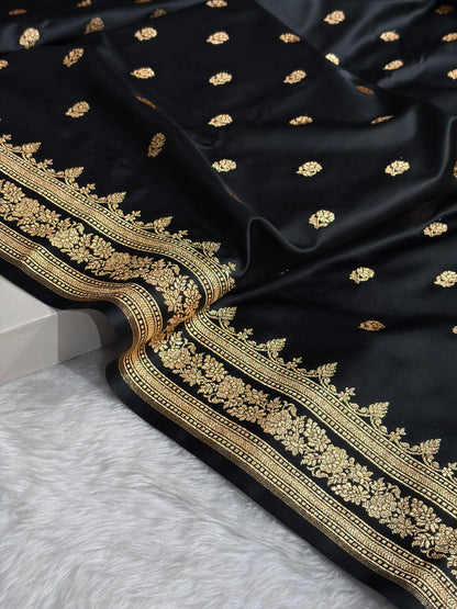 Banarasi Cross Black Floral Pattern Satin Katan Silk Saree SK76