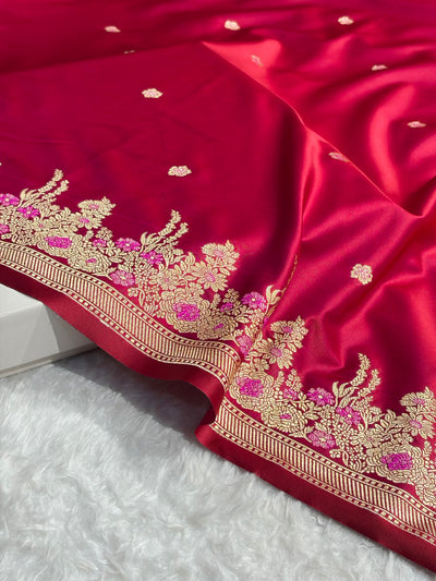Banarasi Satin Katan Saree Booti Minakari Pattern in Cross Red Shades SK136