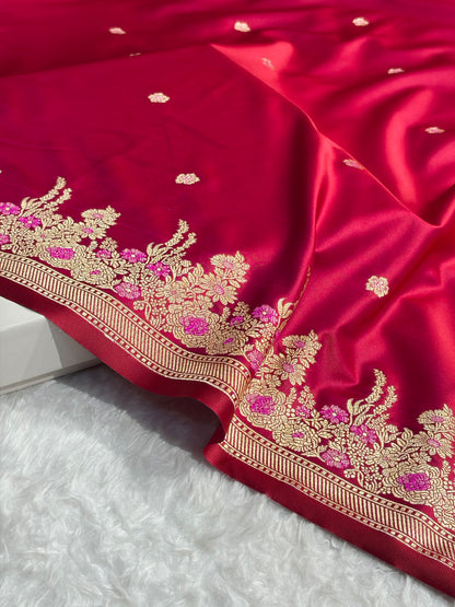 Banarasi Satin Katan Saree Booti Minakari Pattern in Cross Red Shades SK136