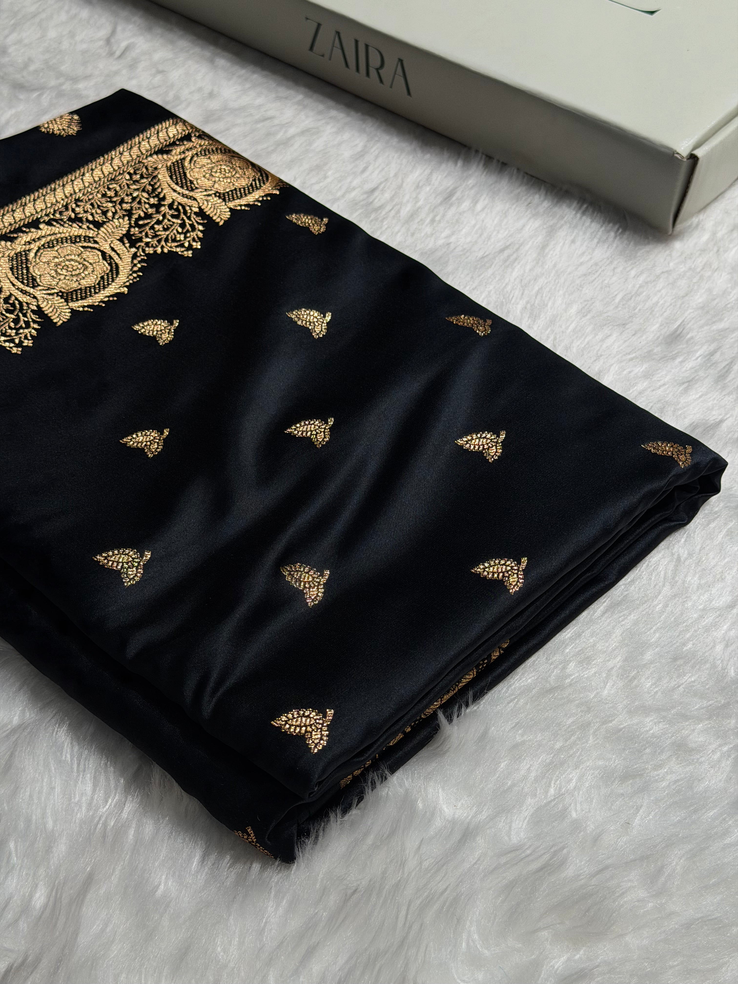 Banarasi Satin Katan Saree With Minakari Boota in Black Shades SK95