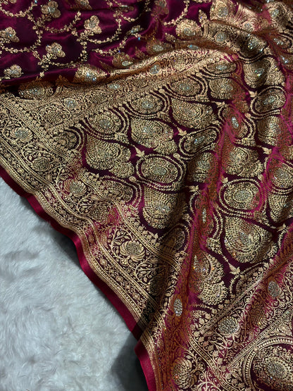 Satin Silk Saree Banarasi Swarovski Work Jaal in Wine Shades  BSS23 (R)