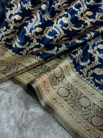 Royal Blue Contrast Shades Jaal Pattern Banarasi Satin Silk Saree SS47