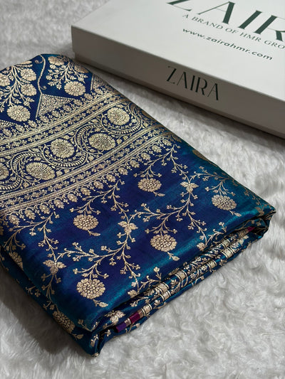 Peacock Shades Jaal Pattern Banarasi Satin Silk Saree SS55