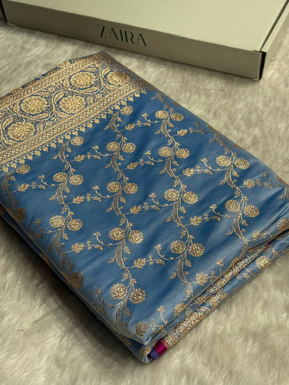 Nile Blue  Cross Satin Katan Silk Saree SK17